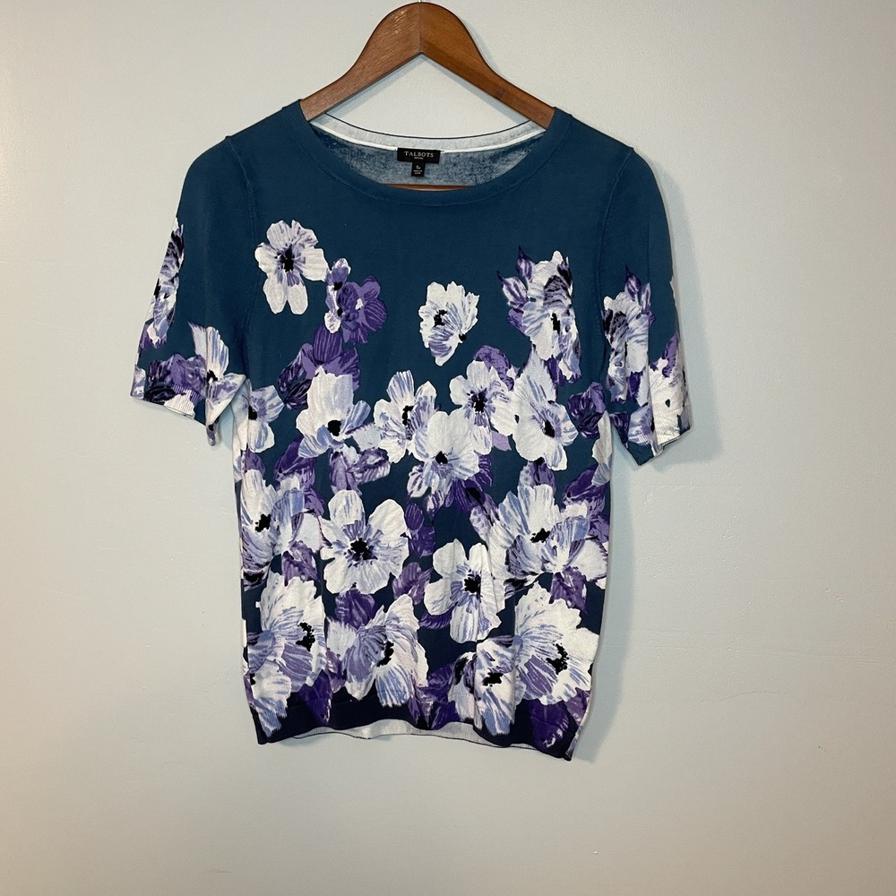 Talbots Women Stretch Thin Light‎ Cotton Rayon Knit Blouse Floral SP
